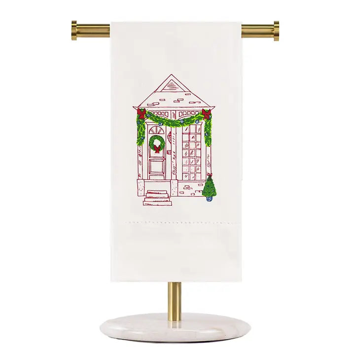 Christmas House Hemstitch Hand Towel White/Red/Green 20x28