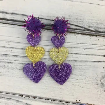 Purple and Gold Heart Earrings with Pom Pom - The Season Boutique