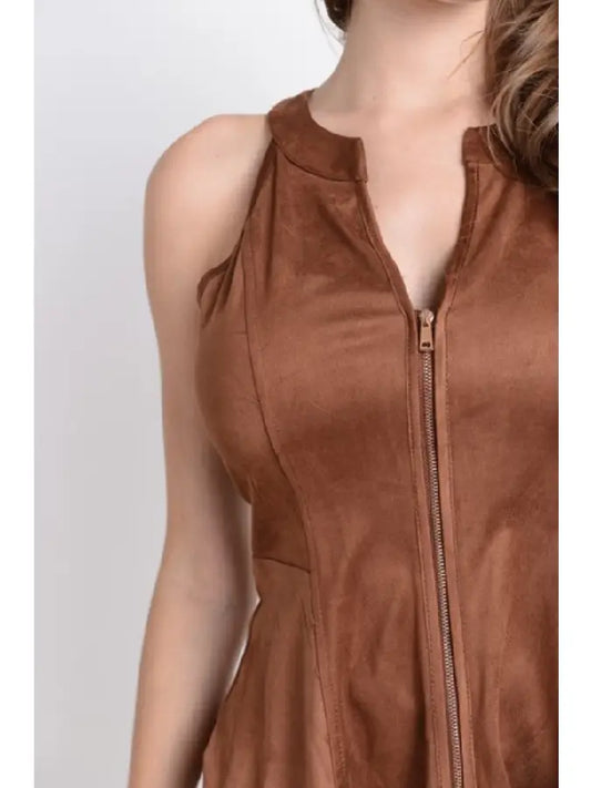 Sleeveless Zip Up Suede Peplum Top