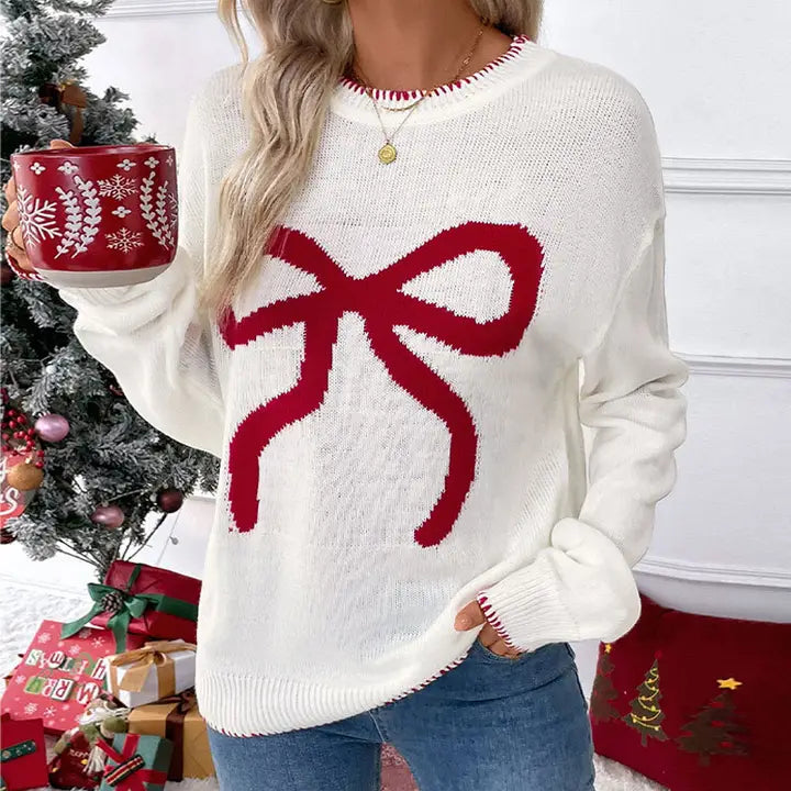 Christmas Sweet Ribbon Bow Jacquard Sweater