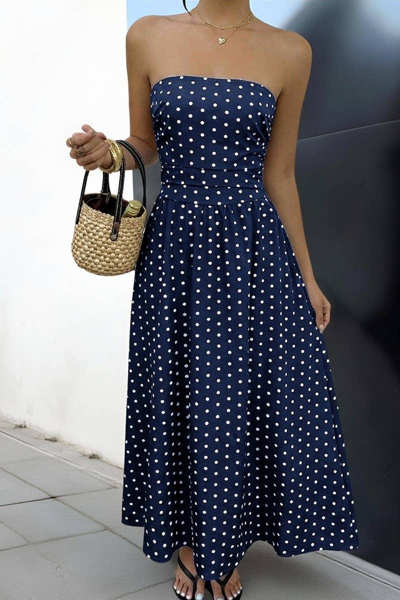 STRAPLESS POLKA DOT DRESS: NAVY - The Season Boutique