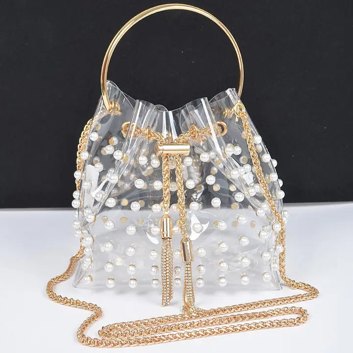 Clear Pearl Stud Bucket Bag W/Chain Tassel