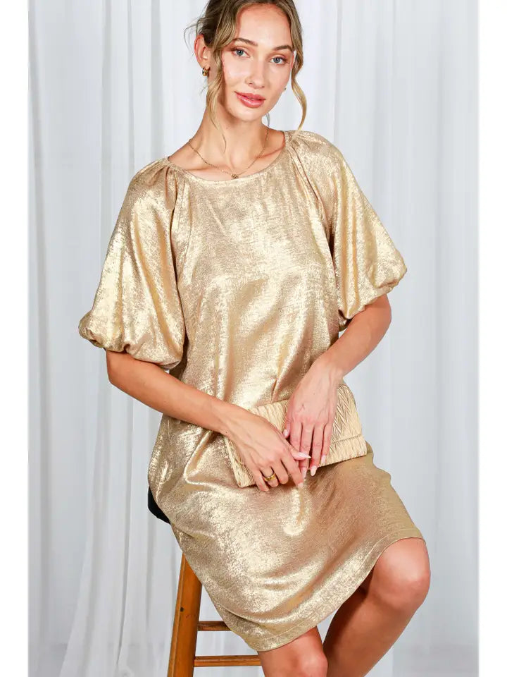 Boat Neck Metallic Foil A-Line Knee Dress