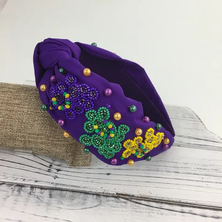 Mardi Gras Bead Dog Knot Headband with Pearls Purple