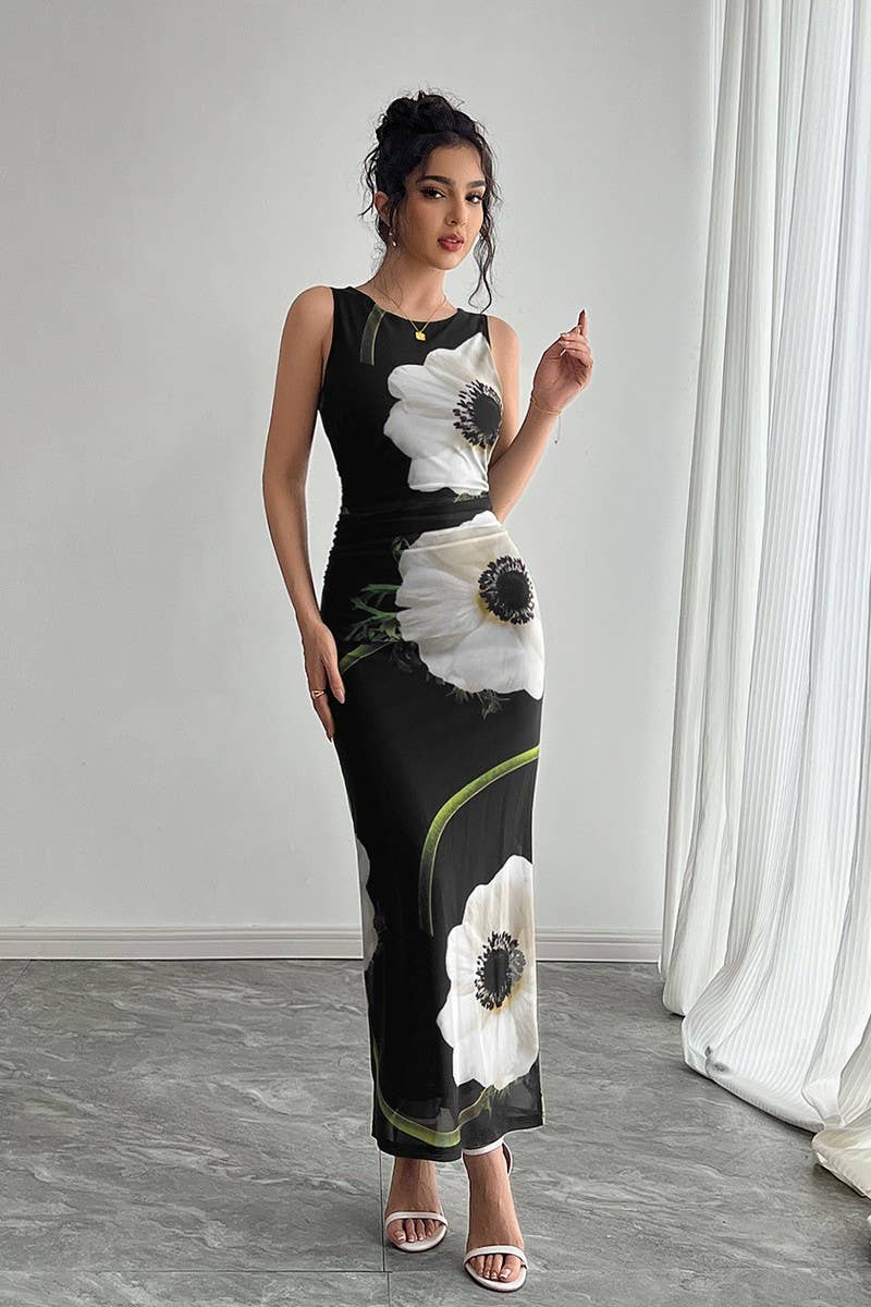 BLACK MESH FLORAL PRINT MAXI DRESS - The Season Boutique