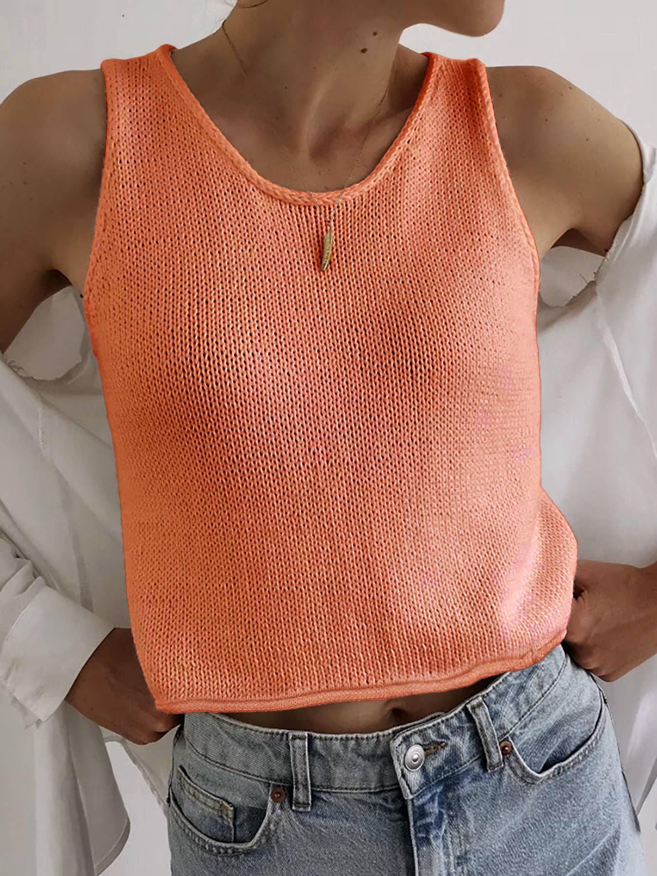 Knit crop top crew-neck tank top: Orange - The Season Boutique