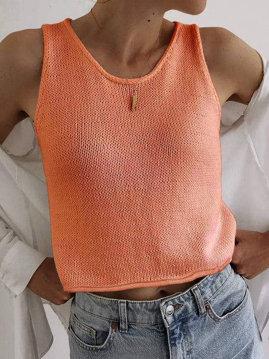 Knit crop top crew-neck tank top: Orange - The Season Boutique