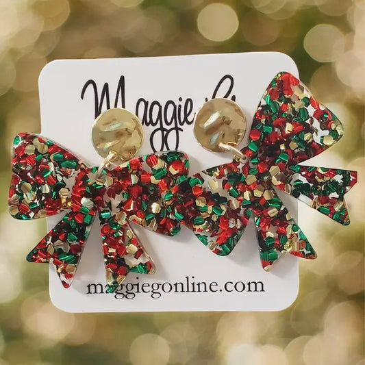 Red/Green Glitter Bow Earrings