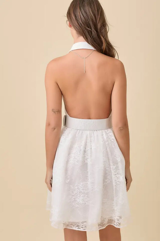 Lapel Collar Haltered Summer Mini Lace Dress