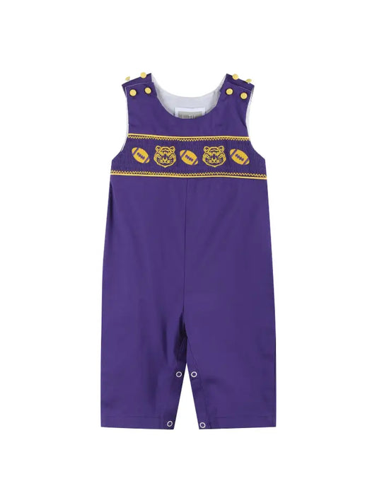 Purple and Gold Football and Tiger Smocked Overalls