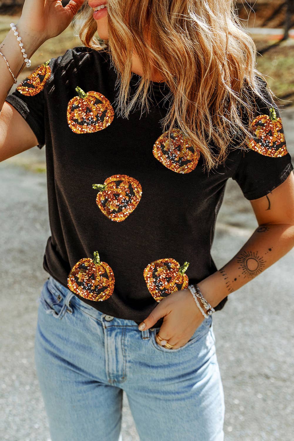 Sequin Pumpkin Face Top