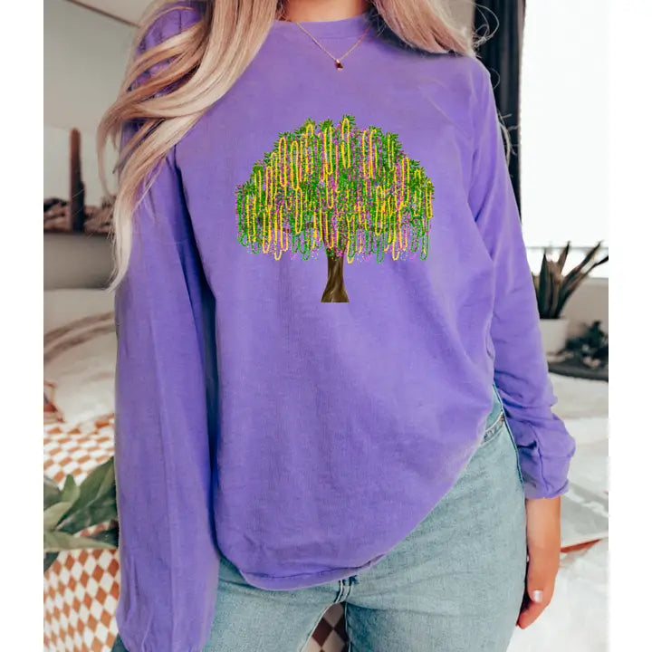 Mardi Gras Bead Tree Comfort Colors Long Sleeve Tee