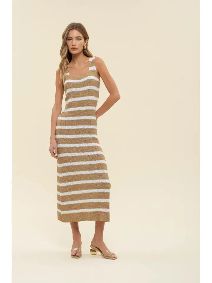 Beige Stripe Sleeveless Knit Midi Dress