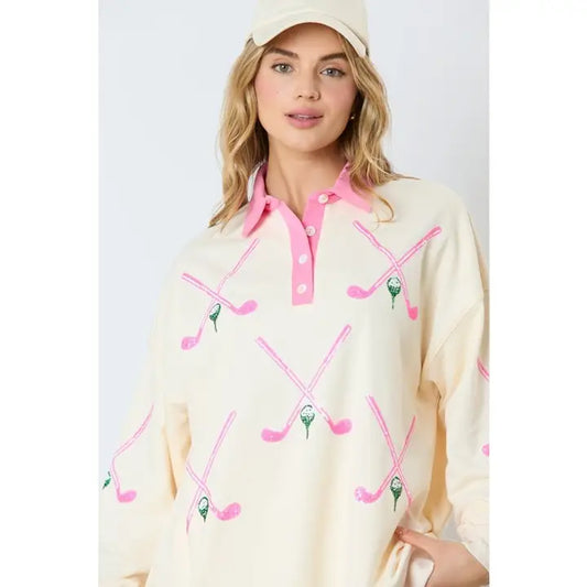 French Terry Collar, Long Slv Top w/ Golf