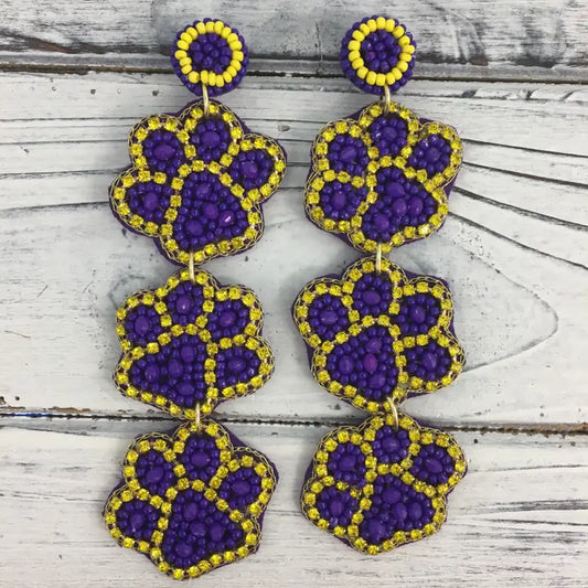 Purple and Gold 3 Tier Paw Print Earrings