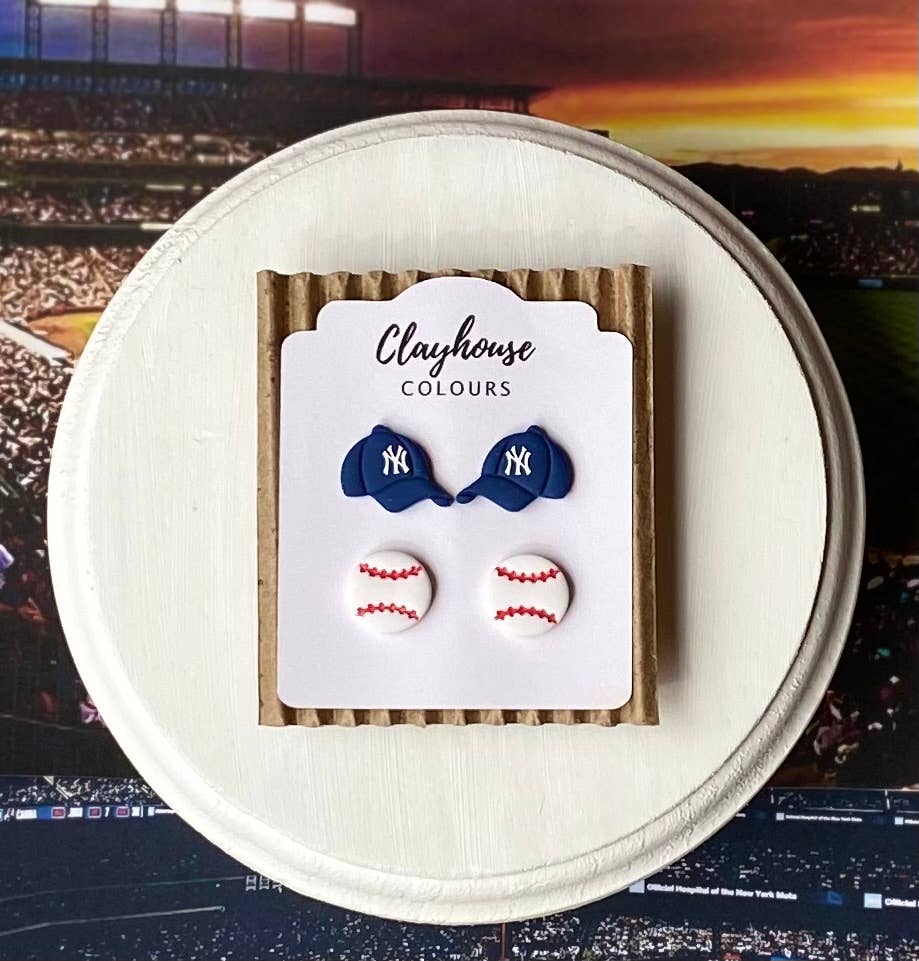 Yankee Baseball Earrings : Hat & Baseball Studs