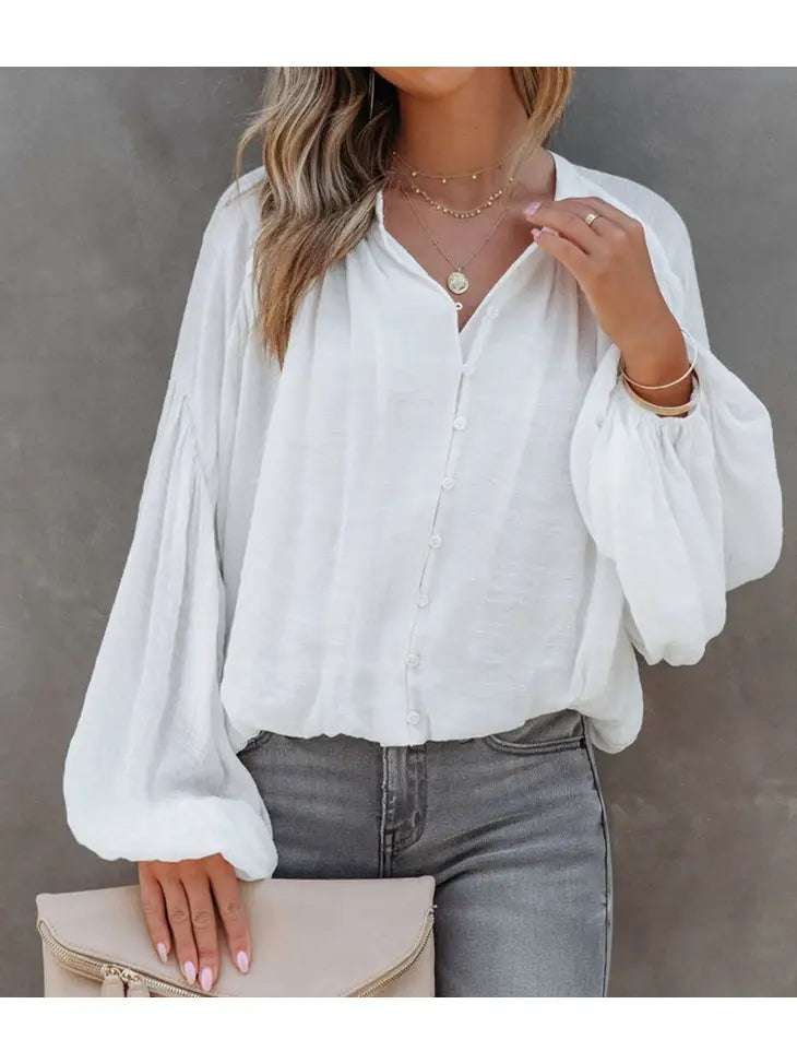 Lightweight Buttoned Balloon Sleeve Blouse