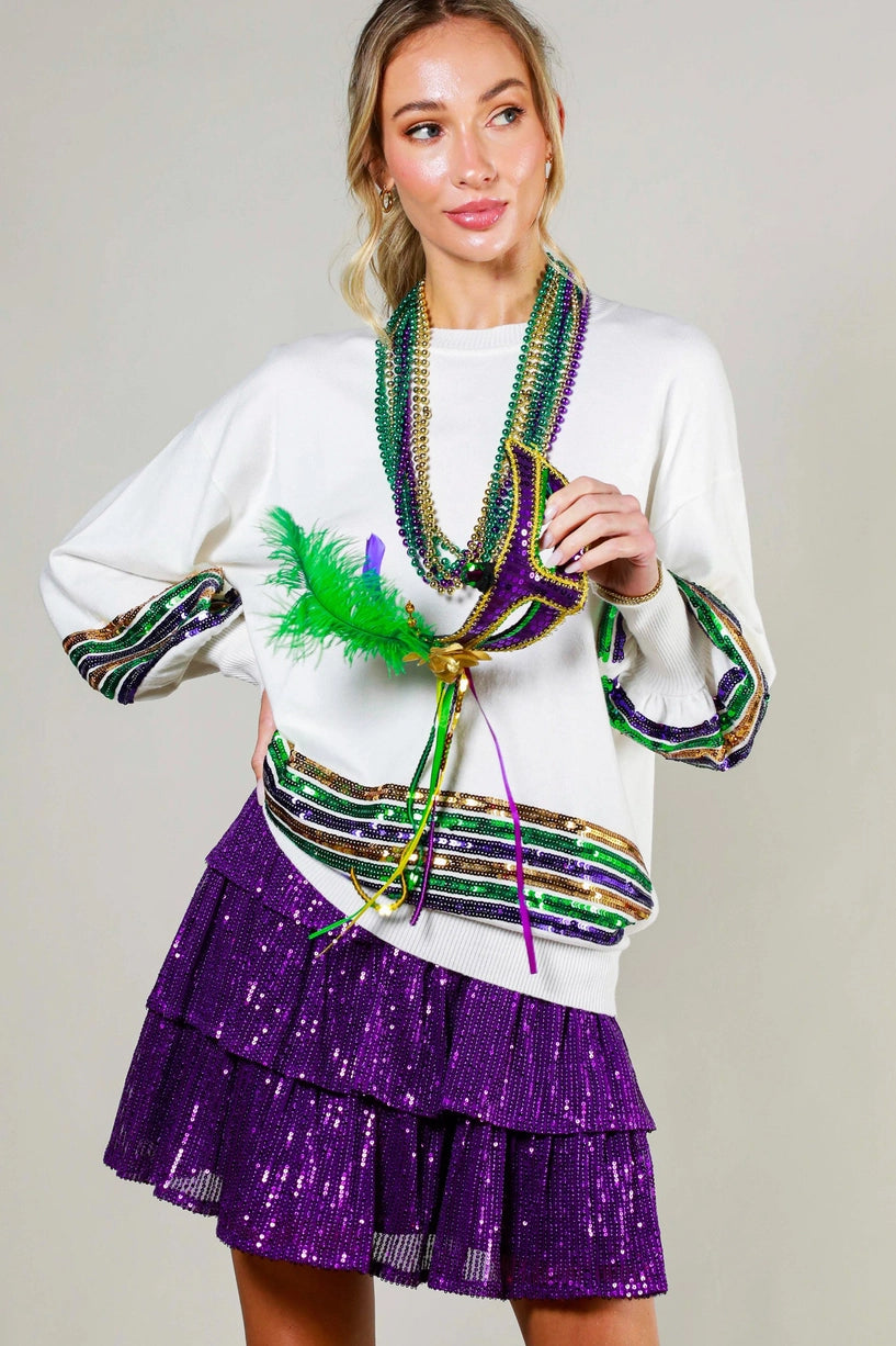 Mardi Gras Embroidered Sequin Sweater