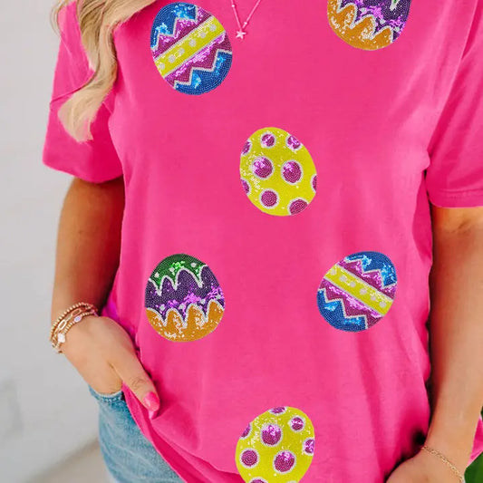 Rose Red Easter Eggs Patched Crew Neck Graphic Tee - The Season Boutique