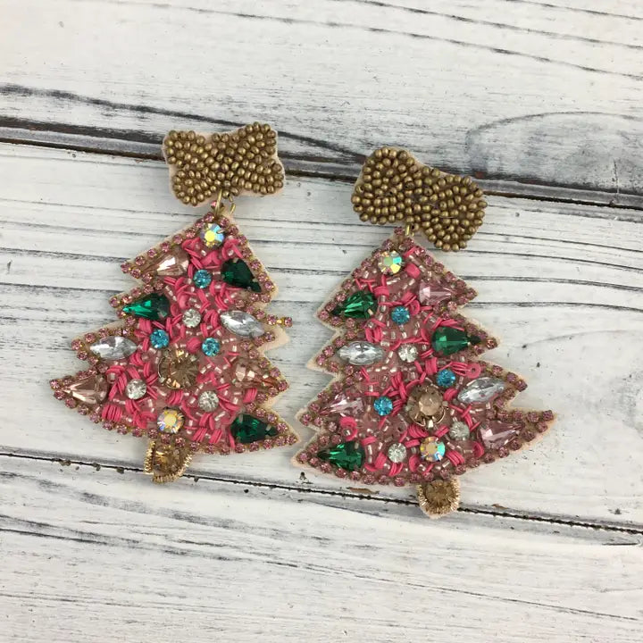 Pink Beaded Christmas Tree Earrings W/Bow