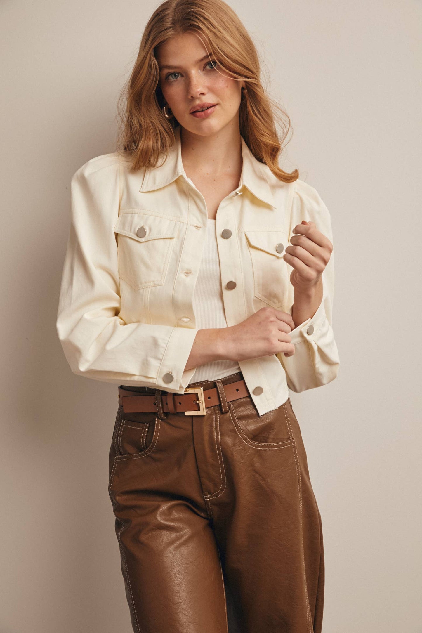 Lightweight Twill Puff-Sleeve Cropped Jacket - The Season Boutique