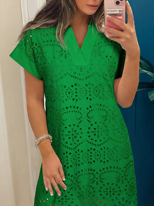 Green Solid Color Eyelet Embroidered T Shirt Mini Dress
