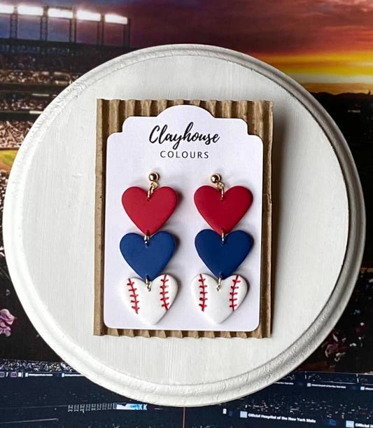 Cubs Baseball Earrings : Triple Heart Dangles