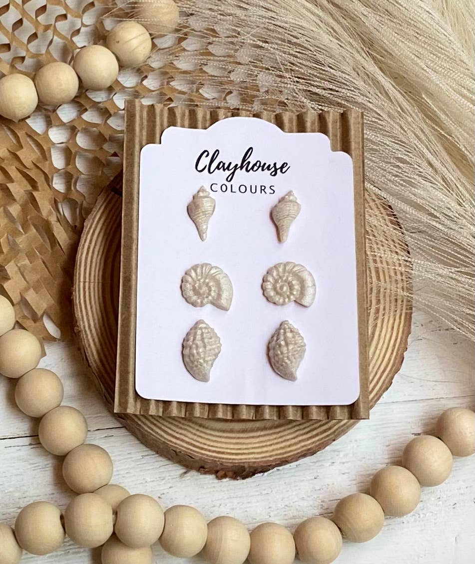 Beach Clay Earrings: Large Shell w/Pearl Post - The Season Boutique
