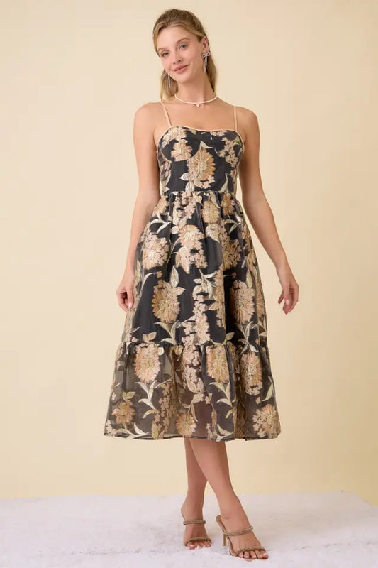 Metallic Embossed Floral Midi Dress