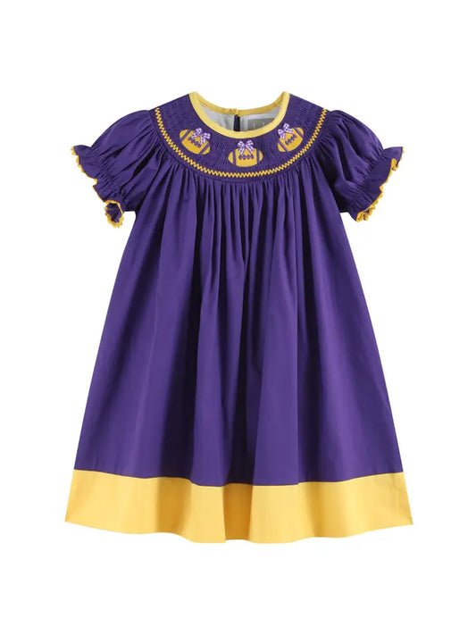 Purple and Gold Football Smocked Bishop Dress