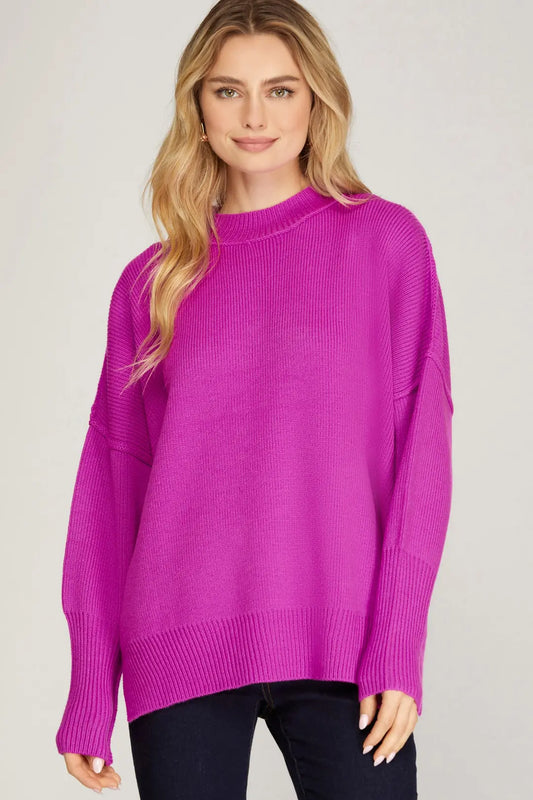 Drop Shoulder Oversized Mock Neck Sweater Top - The Season Boutique