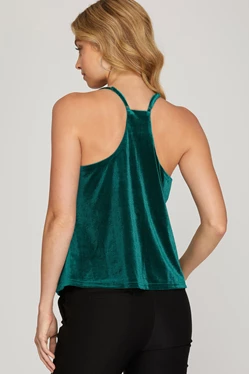 TEAL GREEN COWLNECK VELVET CAMI TOP