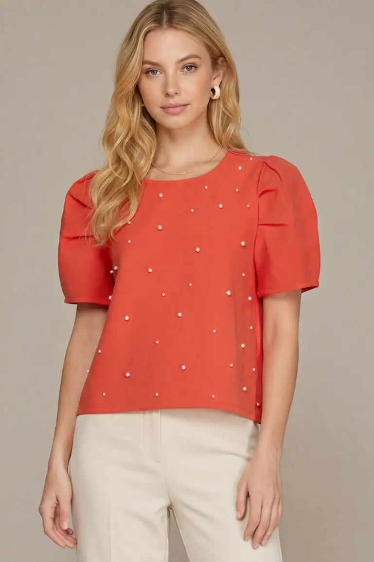 PUFF SLEEVE PEARL BEADED TOP - The Season Boutique