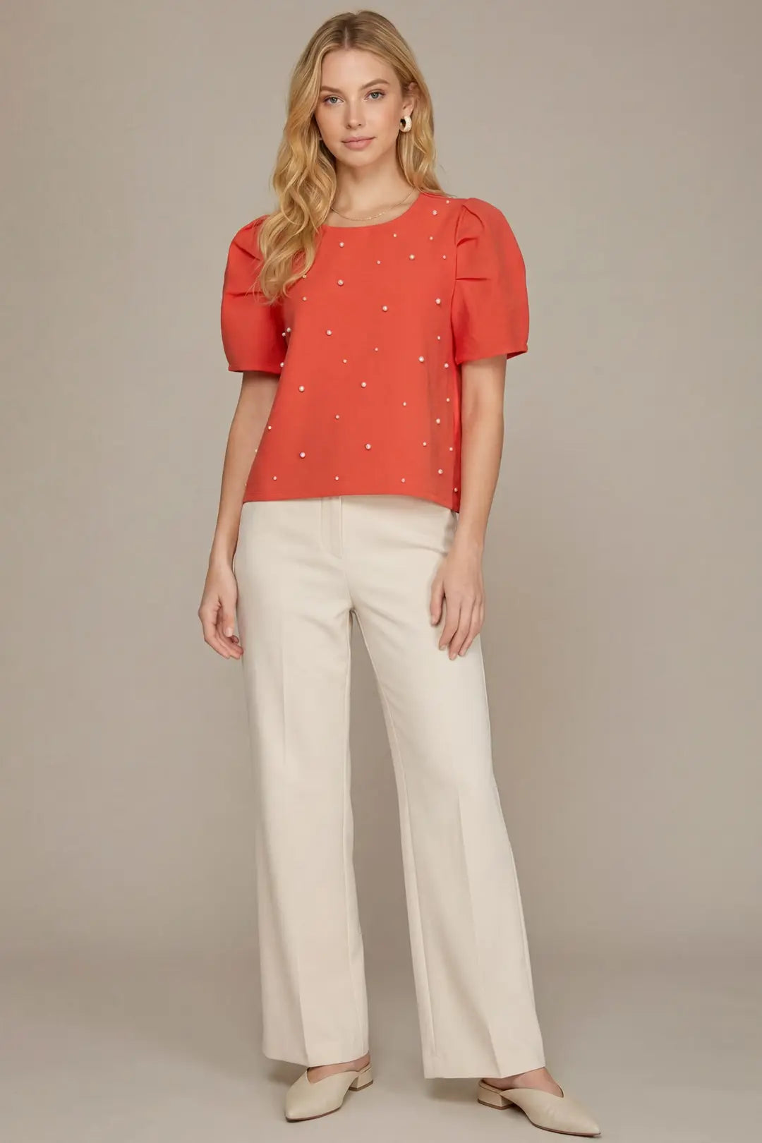 PUFF SLEEVE PEARL BEADED TOP - The Season Boutique