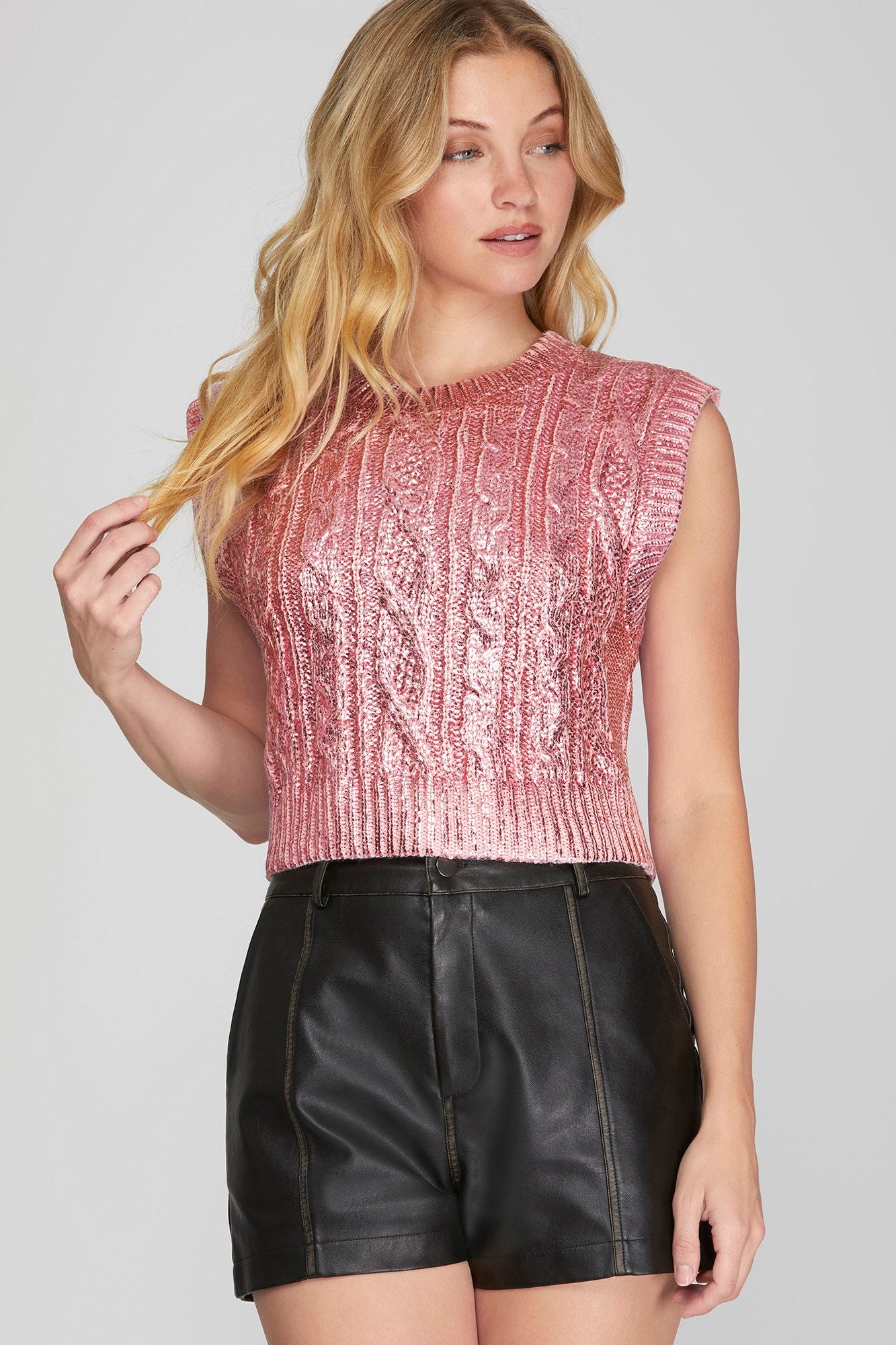 Pink SLEEVELESS CABLE KNIT METALLIC CROP