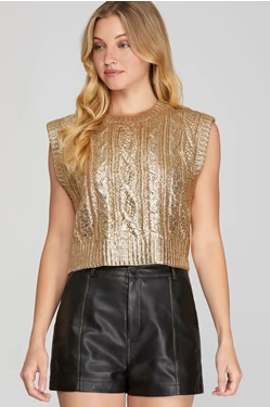 Gold SLEEVELESS CABLE KNIT METALLIC CROP