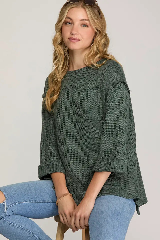 3/4 SLEEVE KNIT TOP - Slate