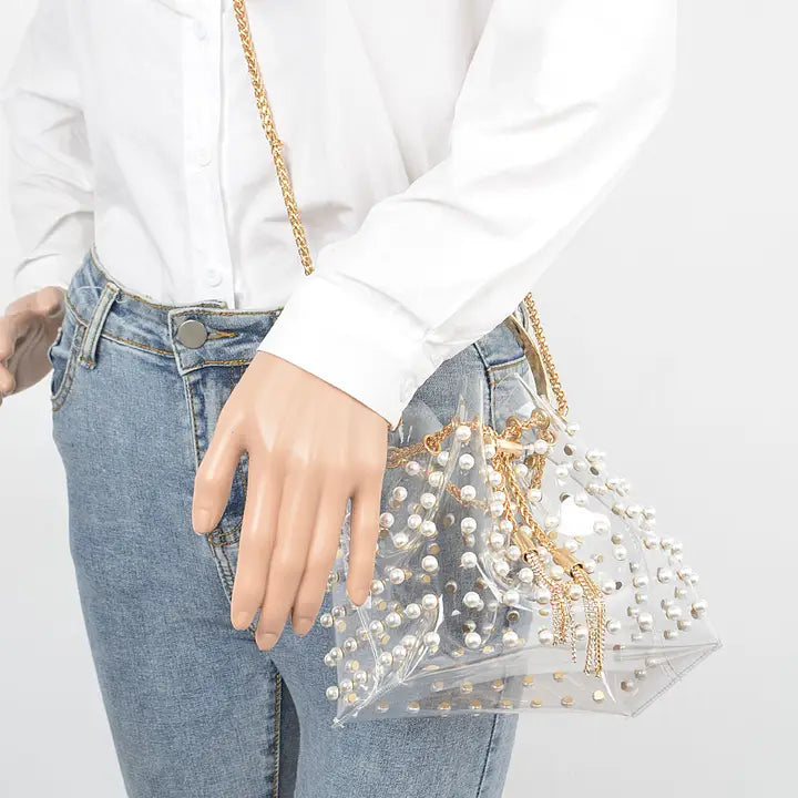 Clear Pearl Stud Bucket Bag W/Chain Tassel