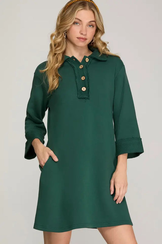 3/4 Sleeve Knit Collared Dress with side Pockets