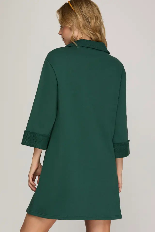 3/4 Sleeve Knit Collared Dress with side Pockets