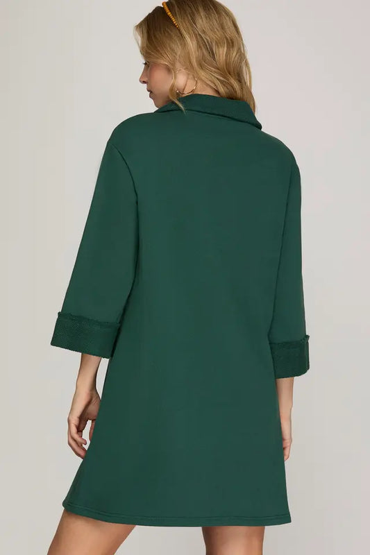 3/4 Sleeve Knit Collared Dress with side Pockets