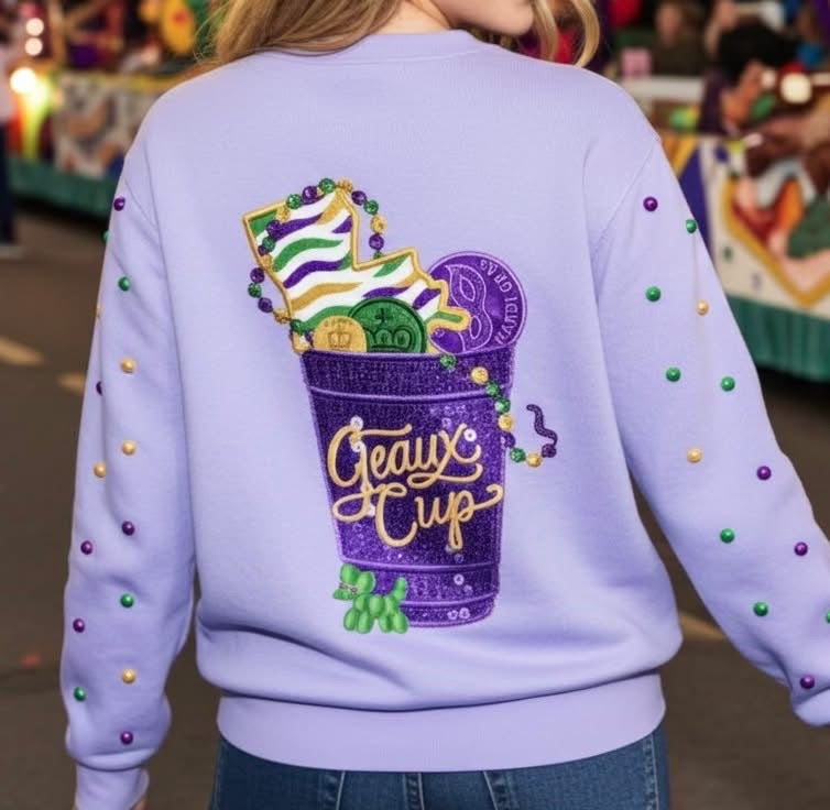 Mardi Gras Purple Sequin Embroidered Geaux Cup Sweatshirt