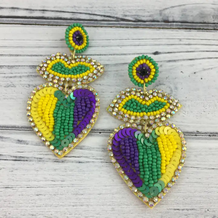 Mardi Gras Bead/Rhinestone/Sequin Heart and Lip Earrings - The Season Boutique