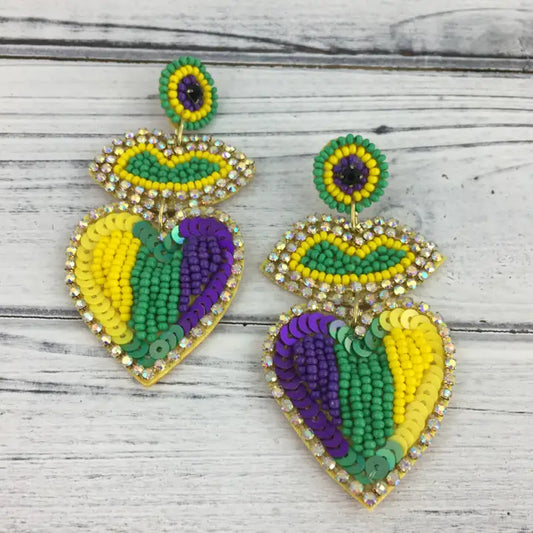 Mardi Gras Bead/Rhinestone/Sequin Heart and Lip Earrings - The Season Boutique