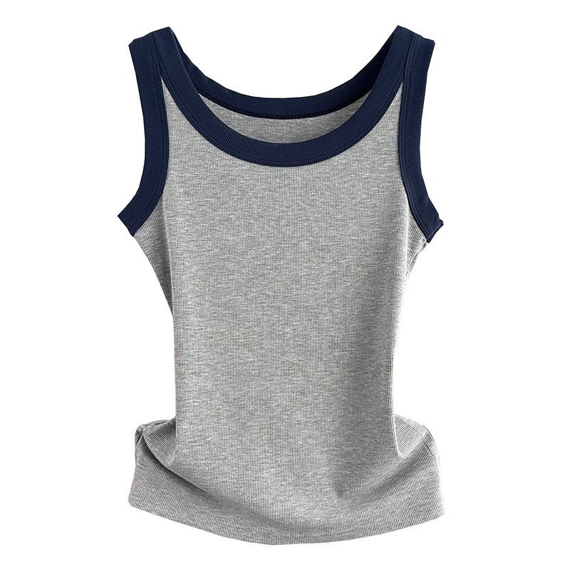 Contrast trim round neck rib fitted tank top: Tan