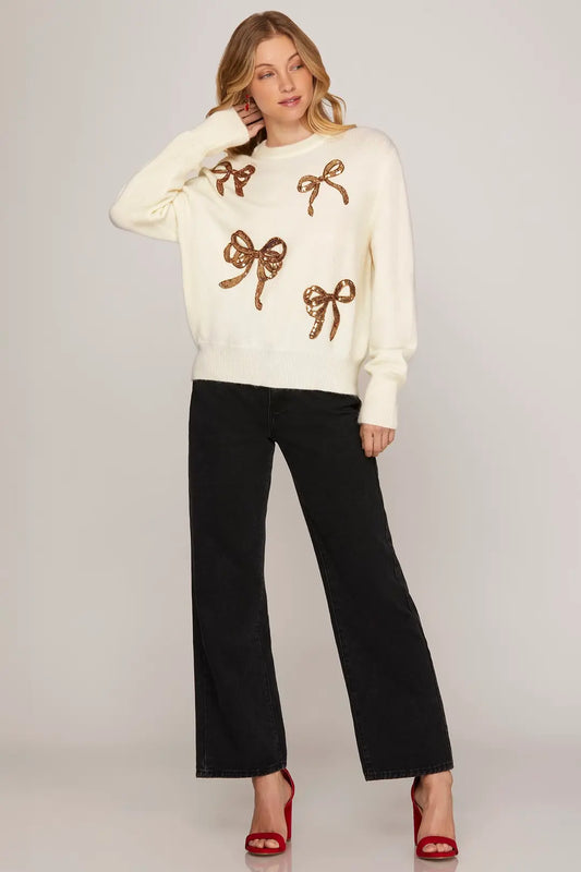 SEQUIN RIBBON SWEATER TOP