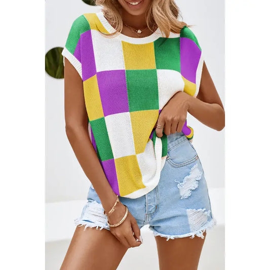 Color Block Cap Sleeve Sweater (Purple, Green, Gold)