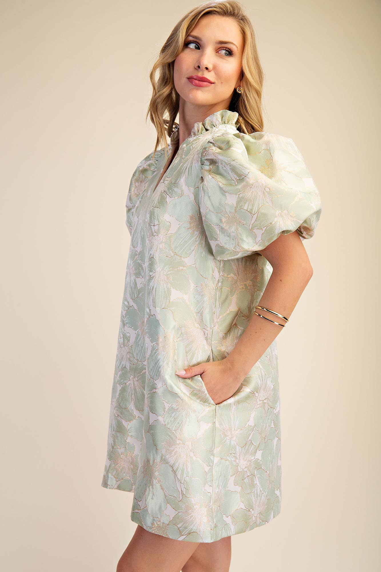 Ruffle V-Neck Puff Sleeve Mini Dress Sage