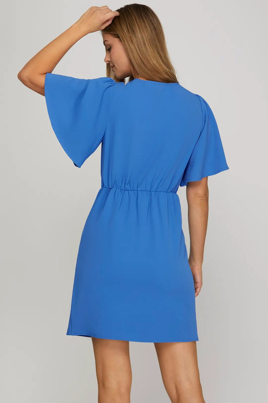 Short Sleeve Woven Ruffled Mini Wrap Dress with Skirt