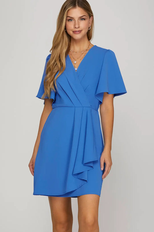 Short Sleeve Woven Ruffled Mini Wrap Dress with Skirt